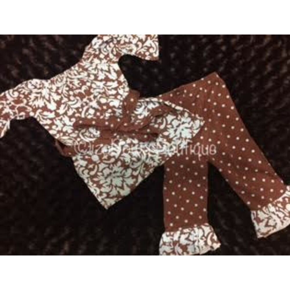 Blue & Brown Damask Ruffle Pant Set  123112M  XS 12-18 Months  NWT Boutique